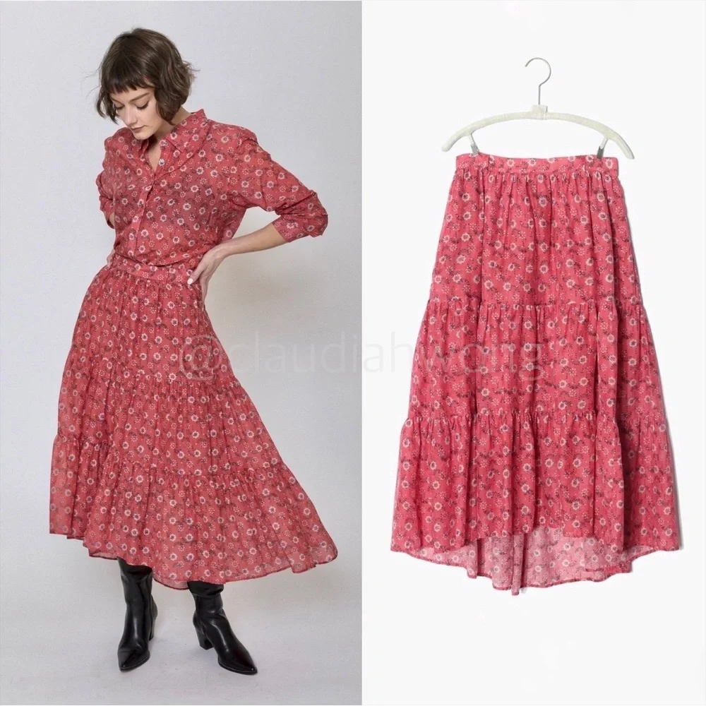 XIRENA Iris Tiered Ruffle Midi Skirt in Coral Blush Red